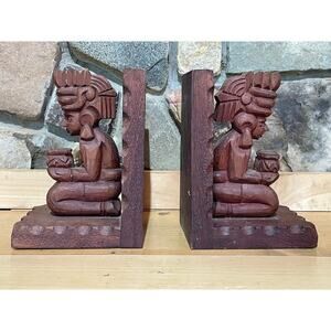 Vintage hand carved wooden tribal tiki man bookends. Brown. Decor